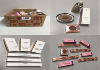 BOX OF VARIOUS BEAUTY PRODUCTS INC. ELIZABETH ARDEN NEW YORK FLAWLESS FINISH SKIN CARING FOUNDATION