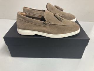 BOSS SUEDE SLIP-ON LOAFERS WITH TASSEL TRIM - BROWN - SIZE: 6 - RRP.£199