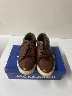 JACK & JONES GALAXY LEATHER LACE UP TRAINERS - BROWN - SIZE: 12