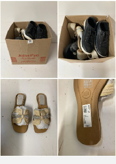 BOX OF SHOES TO INCLUDE WOMEN'S RIVER ISLAND SLIDE ON SANDALS IN TAN - SIZE UK 5