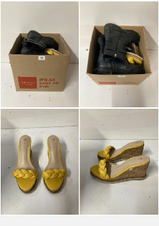 BOX OF SHOES TO INCLUDE WOMEN'S OPEN TOE WEDGE SHOES IN YELLOW - SIZE UK 6