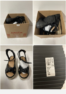 BOX OF SHOES TO INCLUDE WOMEN'S OPEN TOE WEDGE SANDALS IN BLACK - SIZE UK 6