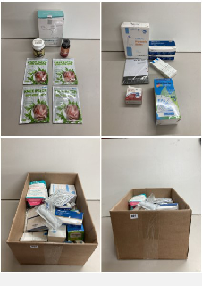 BOX OF HEALTHCARE AND PHARMACEUTICAL ITEMS TO INCLUDE FLOW FLEX RAPID TEST KIT