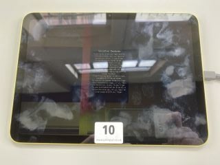 APPLE IPAD (10TH GENERASION) 64GB TABLET WITH WIFI IN GOLD: MODEL NO A2696 (NO BOX NO CHARGE CABLE) (SALVAGE PARTS ONLY (DAMAGED SCREEN))  [JPTN41822]