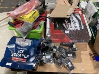 QTY OF ASSORTED ITEMS TO INCLUDE BLUECOL ICE SCRAPERS AND SNAPON LED SIGN