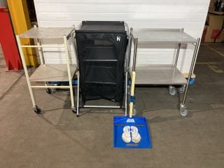 2 X STEEL PORTERS TABLES TO INCLUDE MULTILEVEL STORAGE UNIT AND HEIGHT MEASURE STAND