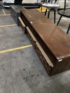 WOODEN UNDERCOUNTER STORAGE UNIT WITH GOLD TRIMMING AND GEOMETRIC DESIGN