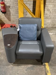 CHARCOAL LEATHER ARMCHAIR TO INCLUDE SWIVAL ARM TABLE