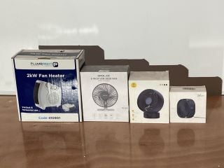 ASSORTMENT OF DESK EQUIPMENT TO INCLUDE PLUMBRIGHT 2KW FAN HEATER AND OPOLAR USB DESK FAN