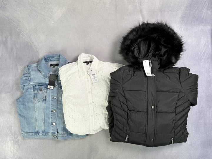 Lipsy Items Puffer Coat Size 8, Denim Jacket Size 10 And White Dress Size 8 All With Tags (VAT ONLY PAYABLE ON BUYERS PREMIUM)