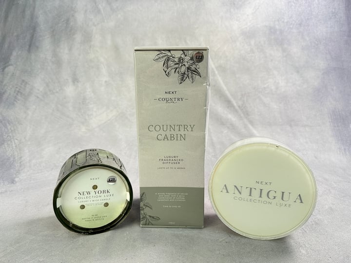 Next Candles Antigua & New York Collection And Country Cabin Diffuser Sealed 3x Units (VAT ONLY PAYABLE ON BUYERS PREMIUM)