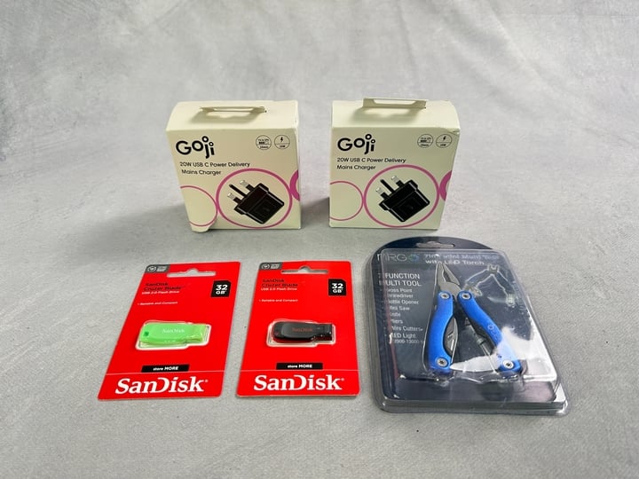 Various Items Including 2x Goji 20W USB C Mains Chargers, 2x Sandisk USB 2.0 Flash Drives 32GB And 7 In 1 Multi Tool (VAT ONLY PAYABLE ON BUYERS PREMIUM)