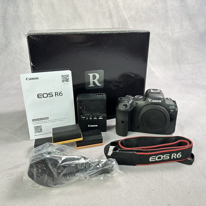 Canon EOS R6 Mirrorless Camera (Body Only), With Box, Charger, 3x Batteries And Strap.