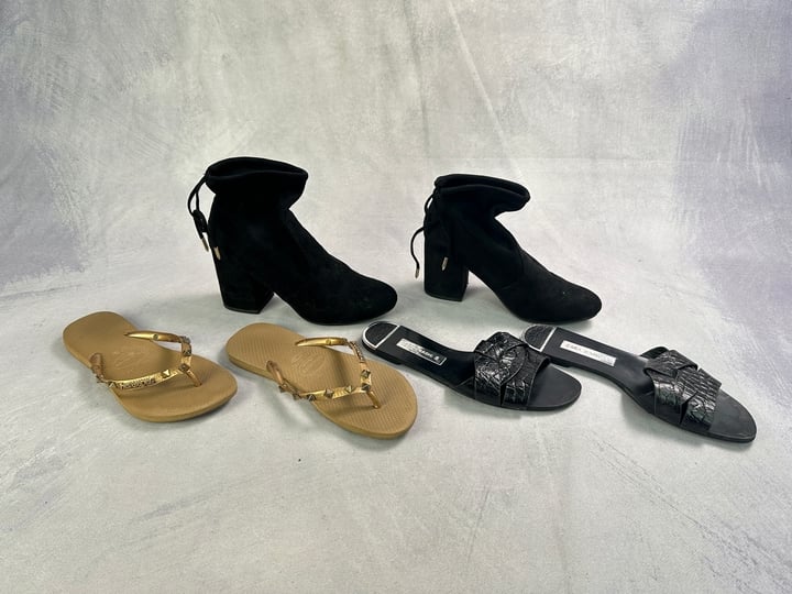 Miss KG Boots Size 38, Zara Basic Sandels Size 38 , Havainas Flip Flops Size 37/38 (VAT ONLY PAYABLE ON BUYERS PREMIUM)