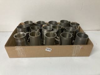 BOX OF PEWTER MUGS