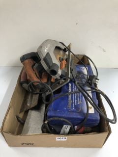 BOX OF VARIOUS TOOLS INC. EVOLUTION CIRCULAR SAW (18+ ID REQUIRED)