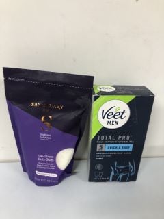 BOX OF VARIOUS PRODUCTS INC. VEET MEN TOTAL PRO HAIR REMOVAL CREAM KIT