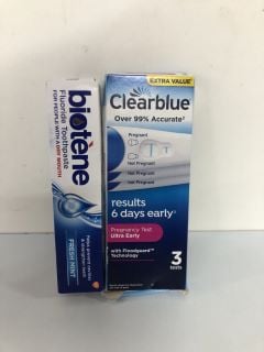 BOX OF VARIOUS PRODUCTS INC. BIOTENE FLUORIDE TOOTHPASTE