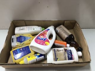 BOX OF CLEANING PRODUCTS INC. SURF TROPICAL LILY LIQUID DETERGENT