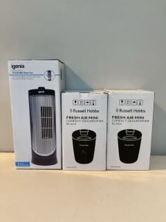 2 X RUSSELL HOBBS DEHUMIDIFIER + 1 X IGENIX 12" MINI TOWER FAN