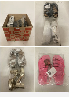 BOX OF SHOES IN VARIOUS SIZES AND STYLES