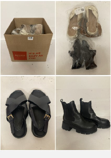 BOX OF SHOES IN VARIOUS SIZES AND STYLES