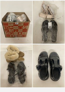 BOX OF SHOES IN VARIOUS SIZES AND STYLES