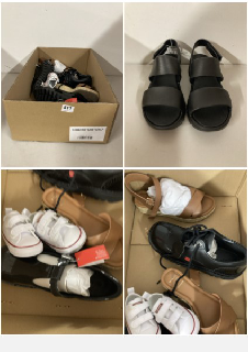 BOX OF  SHOES IN VARIOUS DESIGNS AND SIZES