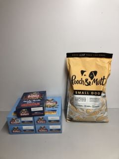 A SACK OF POOCH AND MUTT COMPLETE DRY FOOD AND FIVE BOXES OF BAKERS DRY FOOR BBE O2/26