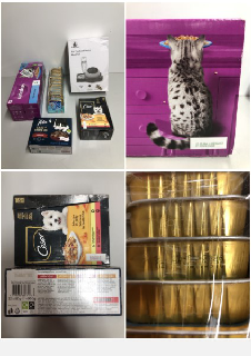 BOX OF HOMEWARES TO INCLUDE PET FOOD AND ACCESSORIES TO INCLUDE CAT BOWLS