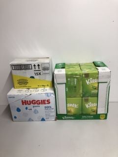 BOX OF HUGGIES BABY WIPES AND A BOX OF DISHWASHER CLEANER