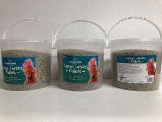 THREE TUBS OF RANGE LAYERS CHICKEN FEED