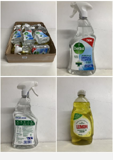 BOX OF HOUSEHOLD CONSUMABLES TO INCLUDE DETTOL SURFACE CLEANER