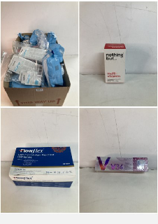 A BOX OF VARIOUS MEDICAL SUPPLIES TO INCLUDE COVID TESTING KITS