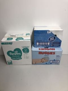 THREE CASES OF BABY WIPES TO INCLUDE HUGGIES