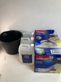 VILEDA MOP SET AND THREE TUBS OF HAND SOAP