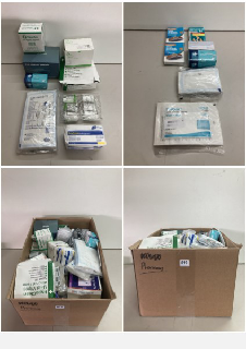 BOX OF VARIOUS HEALTHCARE AND PHARMACEUTICAL SUPPLIES AND PRODUCTS