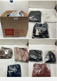 BOX OF CLOTHING ITEMS IN VARIOUS COLOURS & DESIGNS