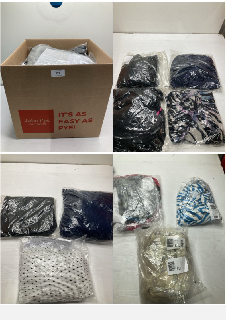 BOX OF CLOTHING ITEMS IN VARIOUS COLOURS & DESIGNS