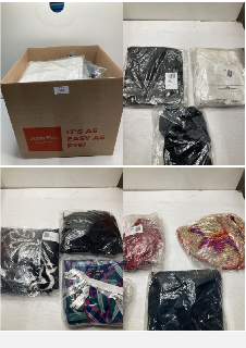 BOX OF CLOTHING ITEMS IN VARIOUS COLOURS & DESIGNS