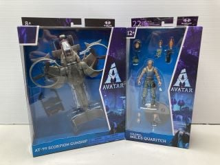 2 X AVATAR COLONEL MILES QUARITCH FIGURINES & 2 X AVATAR AT-99 SCORPION GUNSHIP TOYS