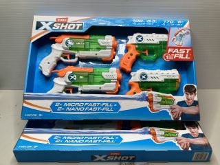 2 X ZURU X-SHOT FAST FILL WATER GUNS & 1 X STOP THE ROBOTS GAME