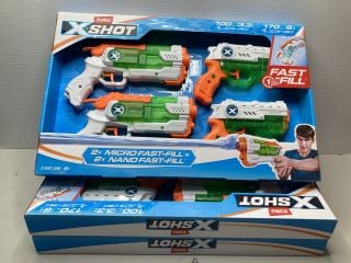 2 X ZURU X-SHOT FAST FILL WATER GUNS & 1 X STOP THE ROBOTS GAME