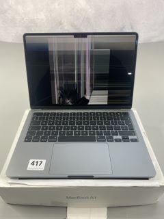 APPLE MACBOOK AIR   13-INCH 256GB LAPTOP IN SILVER: MODEL NO A3113 (WITH BOX & NO CHARGE UNIT) (DAMAGED SCREEN NO ON SCREEN DISPLAY ALSO LAPTOP IS BENT TO BE SOLD AS SALVAGE/SPARES). M3 CHIP, 8GB RAM