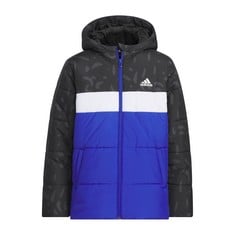 ADIDAS CHILDREN'S COAT, BLACK, BLUE AND WHITE, 13-14 YEARS - LOCATION 36B.