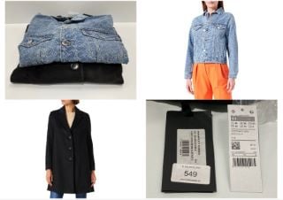 2 X PINKO DENIM JACKET SIZE 48 AND BLACK BENETTON COAT SIZE 44B - LOCATION 28B.