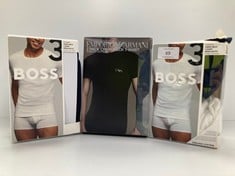 3 X EMPORIO ARMANI AND HUGO BOSS BRAND UNDERWEAR VARIOUS SIZES INCLUDING GREEN ARMANI T-SHIRT SIZE M - LOCATION 34A.