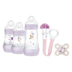 4 X MAM, NEWBORN SET, GIFT SET, INCLUDES: 2 X 160ML ANTI-COLIC BOTTLES, 1 X 260ML ANTI-COLIC BOTTLE, 1 X ORIGINAL START SOOTHER, 1 X SOOTHER CLIP, FROM 0 MONTHS, SALMON COLOUR (SEALED) - LOCATION 39C