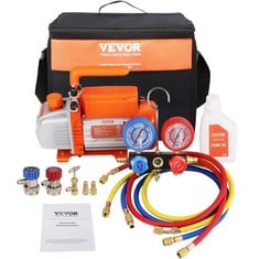 VEVOR AIR CONDITIONING VACUUM PUMP 100 L/MIN HVAC VACUUM PUMP 150 W WITH PRESSURE GAUGE KIT AND TRI-COLOUR RUBBER HOSE 1440 RPM CARRYING BAG FOR R134A CAR AIR CONDITIONING (P.V.P £106.99).