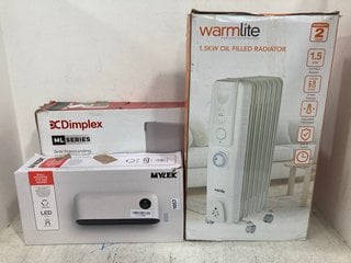 3 X ASSORTED HEATERS TO INCLUDE MYLEK WALL MOUNTED PTC FAN HEATER & DIMPLEX ML SERIES 3KW FREESTANDING & WALL MOUNTABLE CONVECTOR HEATER WITH ELECTRONIC 7 DAY TIMER: LOCATION - B1